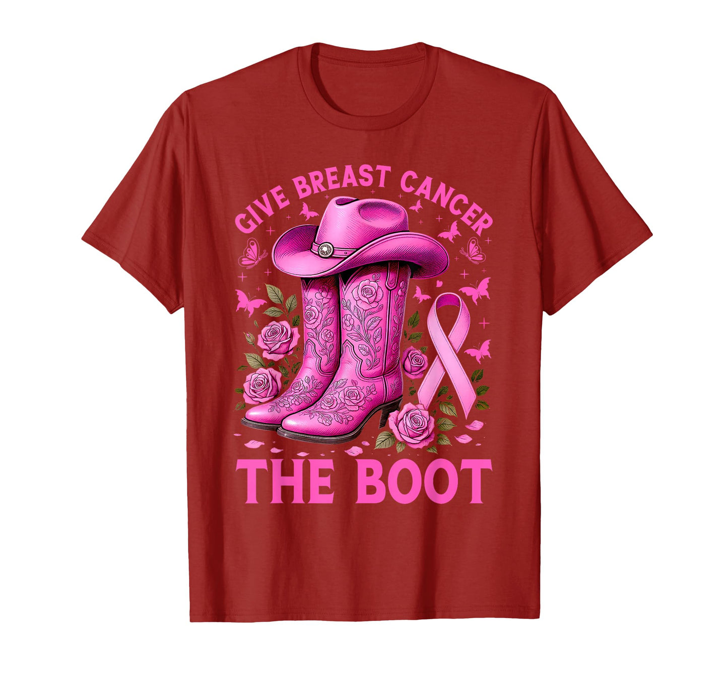Give Breast Cancer The Boot Cowgirl Cancer Awareness Ribbon T-Shirt