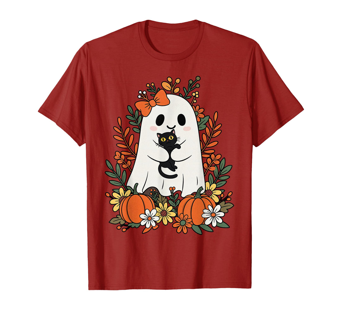 Vintage Cute Ghost with Black Cat and Pumpkins Halloween T-Shirt