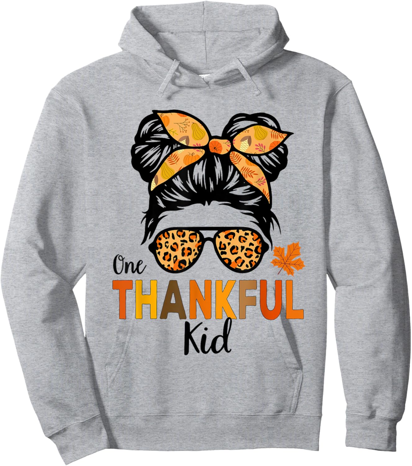 Thanksgiving Shirts for Girls One Thankful Kid Messy Bun Hoodie - Hoodie | Ash
