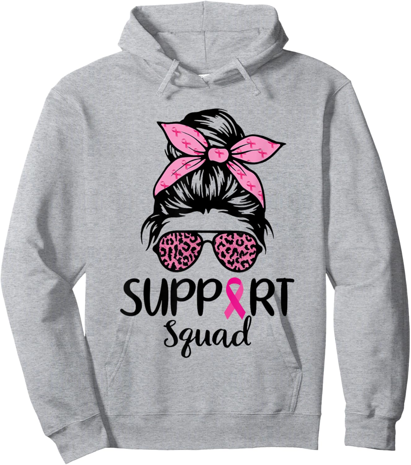 Breast Cancer Awareness Shirt Women Support Squad Messy Bun Hoodie - Hoodie | Ash