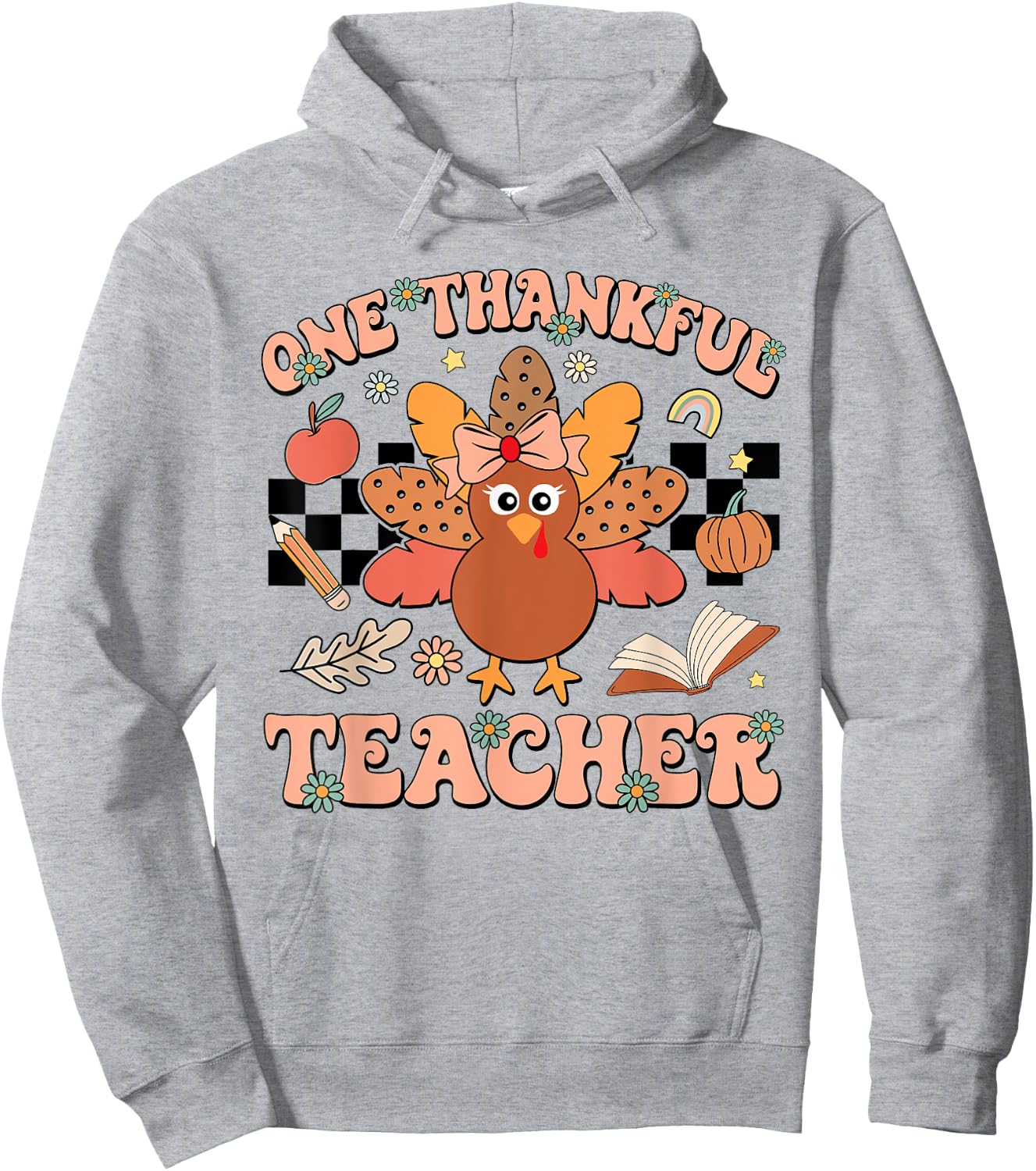 One Thankful Teacher Thanksgiving Retro Groovy Fall Teachers Hoodie - Hoodie | Ash