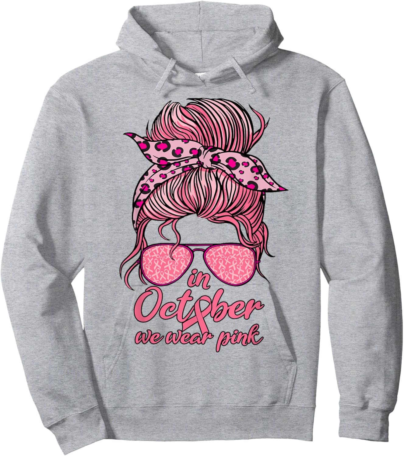 In October We Wear Pink Messy Bun Women Girl Breast Cancer Hoodie - Hoodie | Ash