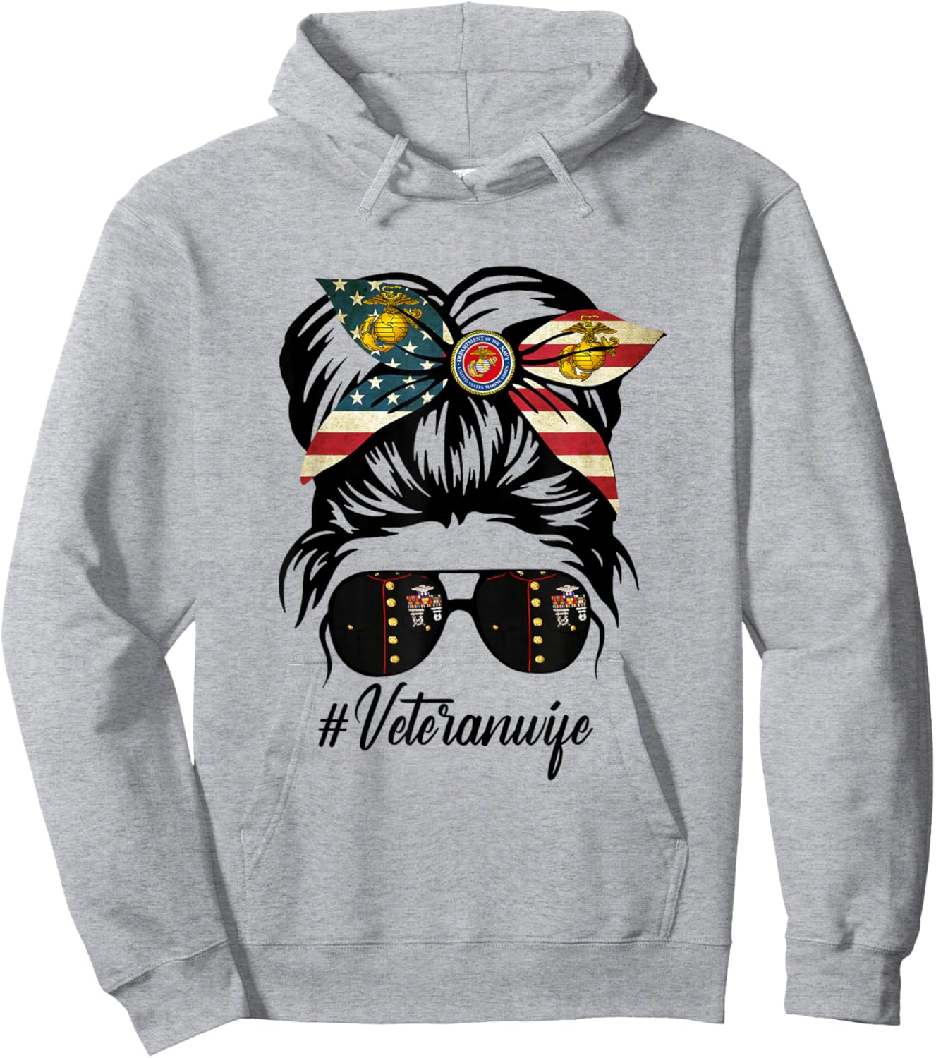 Women Veteran Wife Military Patriotic Messy Bun Hair Hoodie - Hoodie | Ash