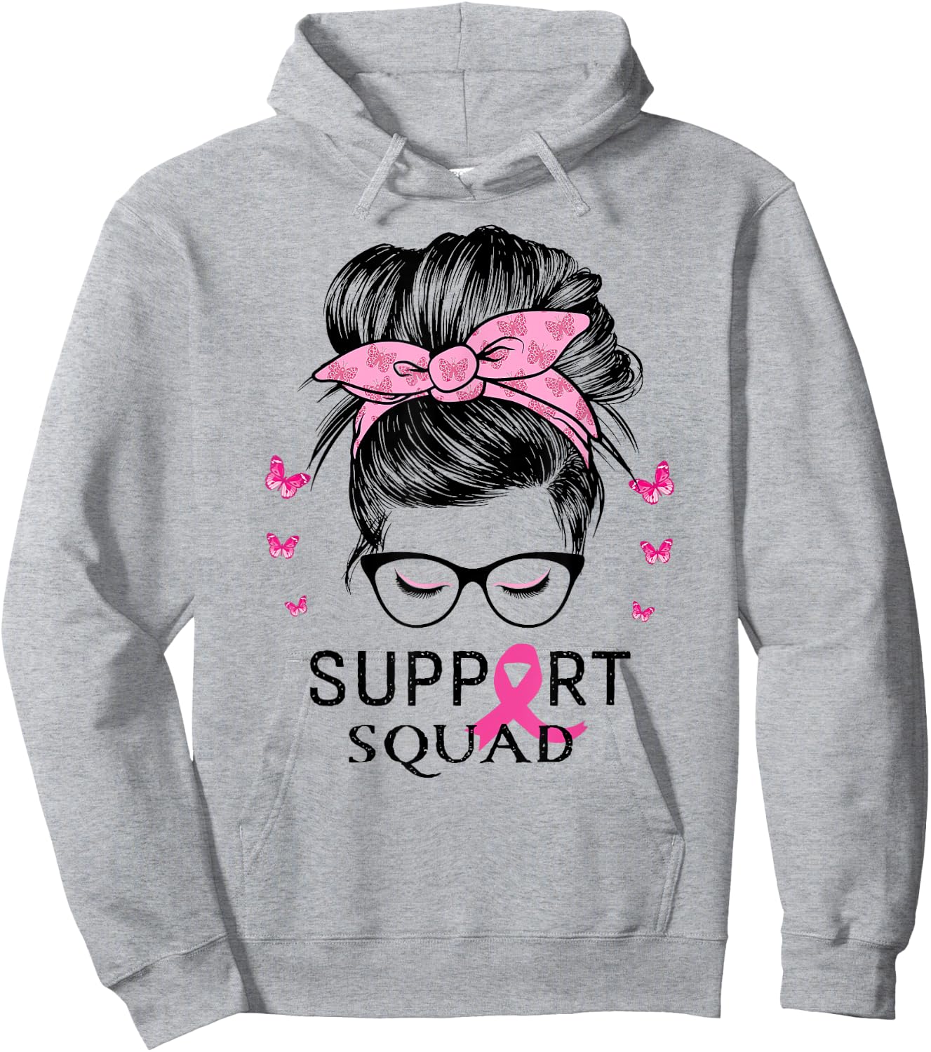 Support Squad Messy Bun Breast Cancer Awareness Hoodie - Hoodie | Ash