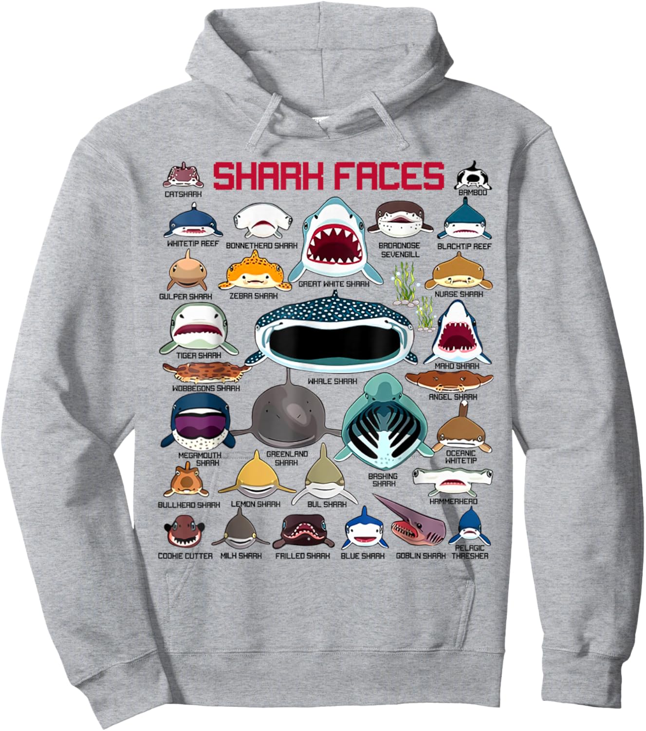 Funny Shark Faces Types Of Sharks Shark Lover Marine Biology Hoodie - Hoodie | Ash