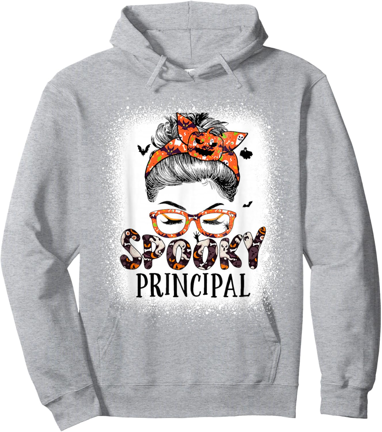 Messy Bun Spooky Principal Bleached Halloween Pumpkin Hoodie - Hoodie | Ash
