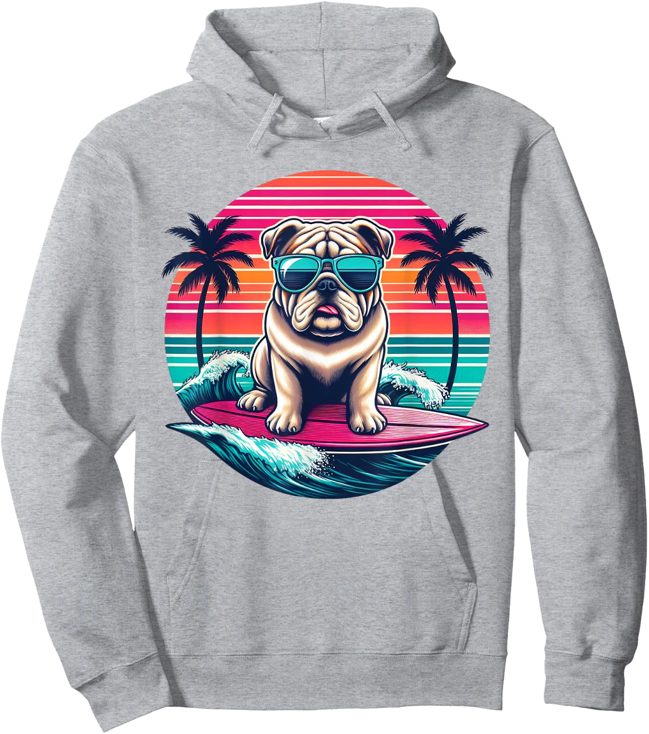 Surfing English Bulldog Retro Sunset Men Women Kids Hoodie - Hoodie | Ash