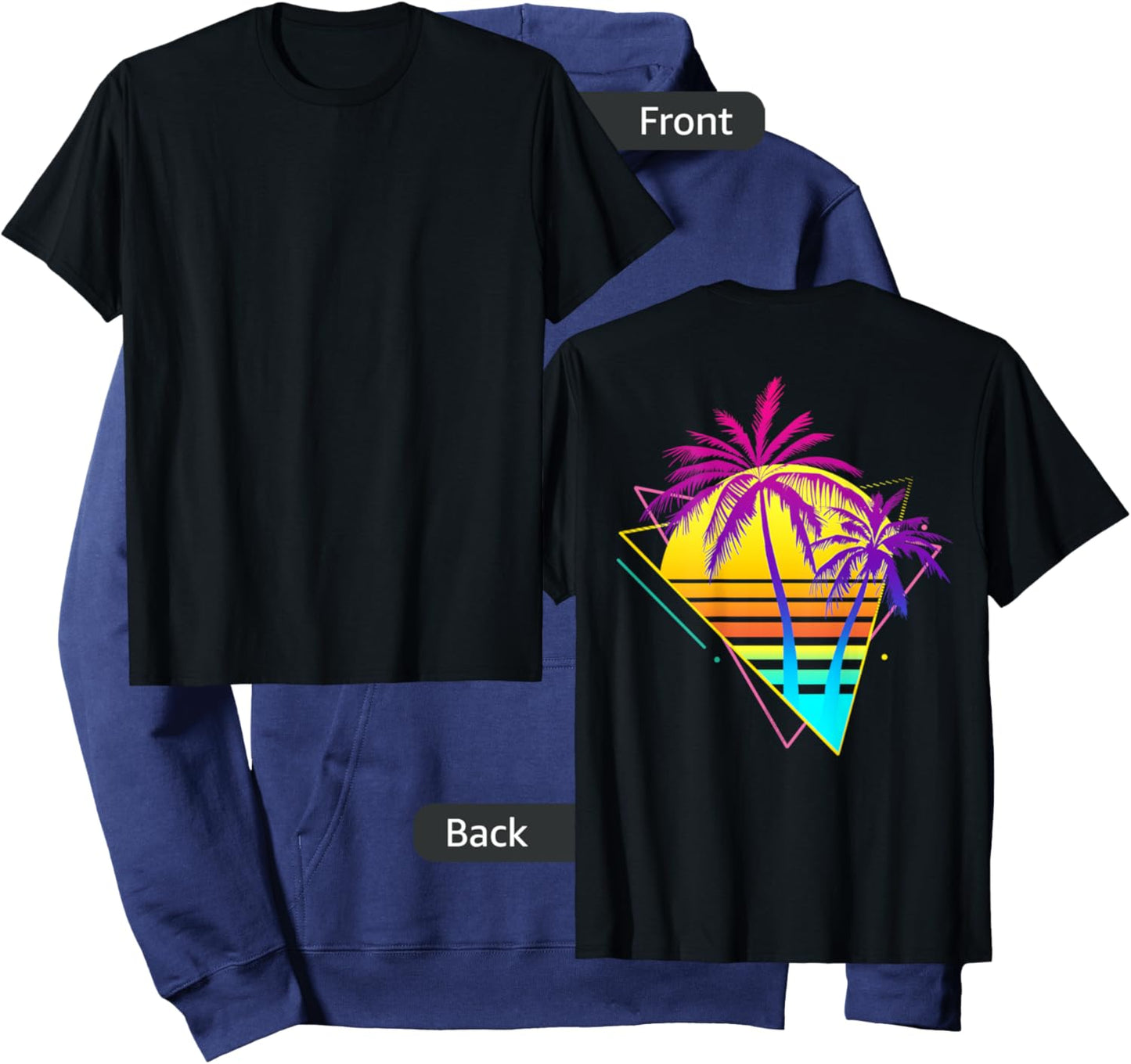 On Back - Retro 80s 90s Vaporwave Tropical Sunset Palm Trees Hoodie - Hoodie | Navy