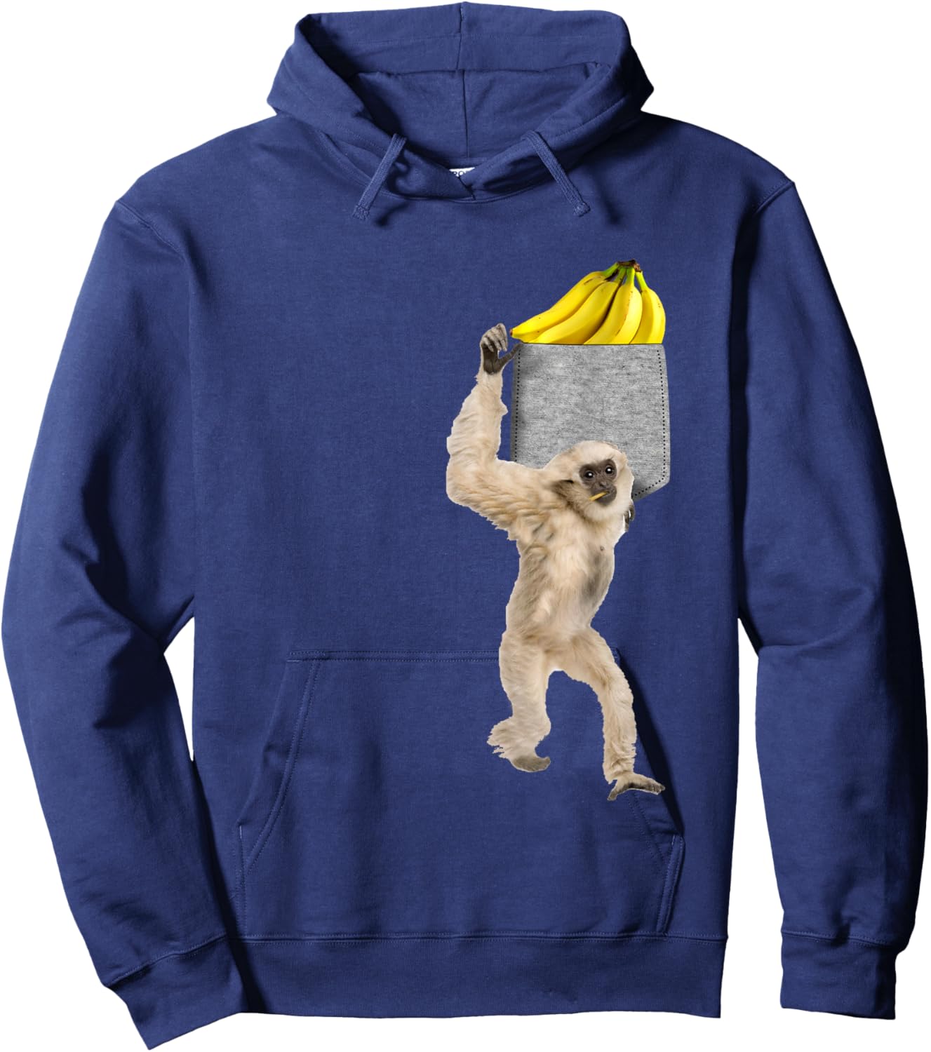 Gibbon Monkey Reaching For Banana In Fake Pocket Hoodie - Hoodie | Navy