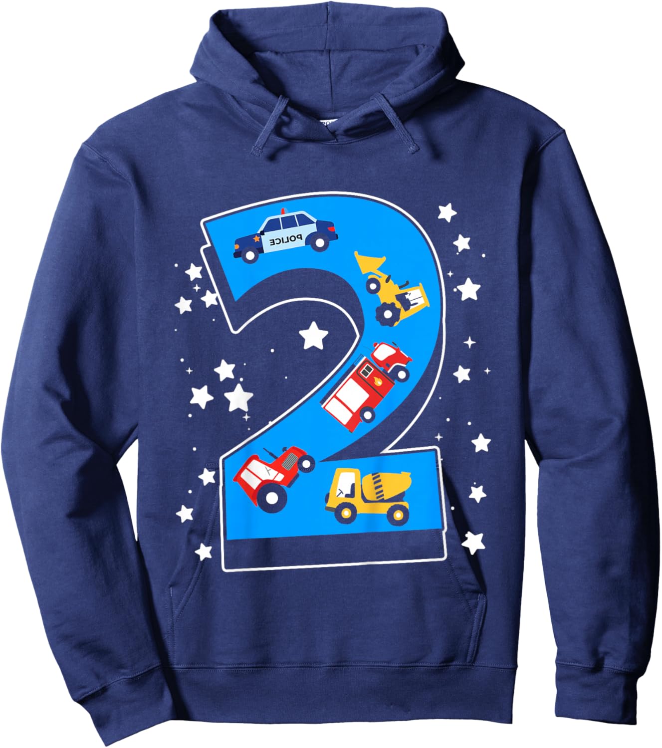 Kids 2nd Birthday 2 Years with firetruck and police car Hoodie - Hoodie | Navy