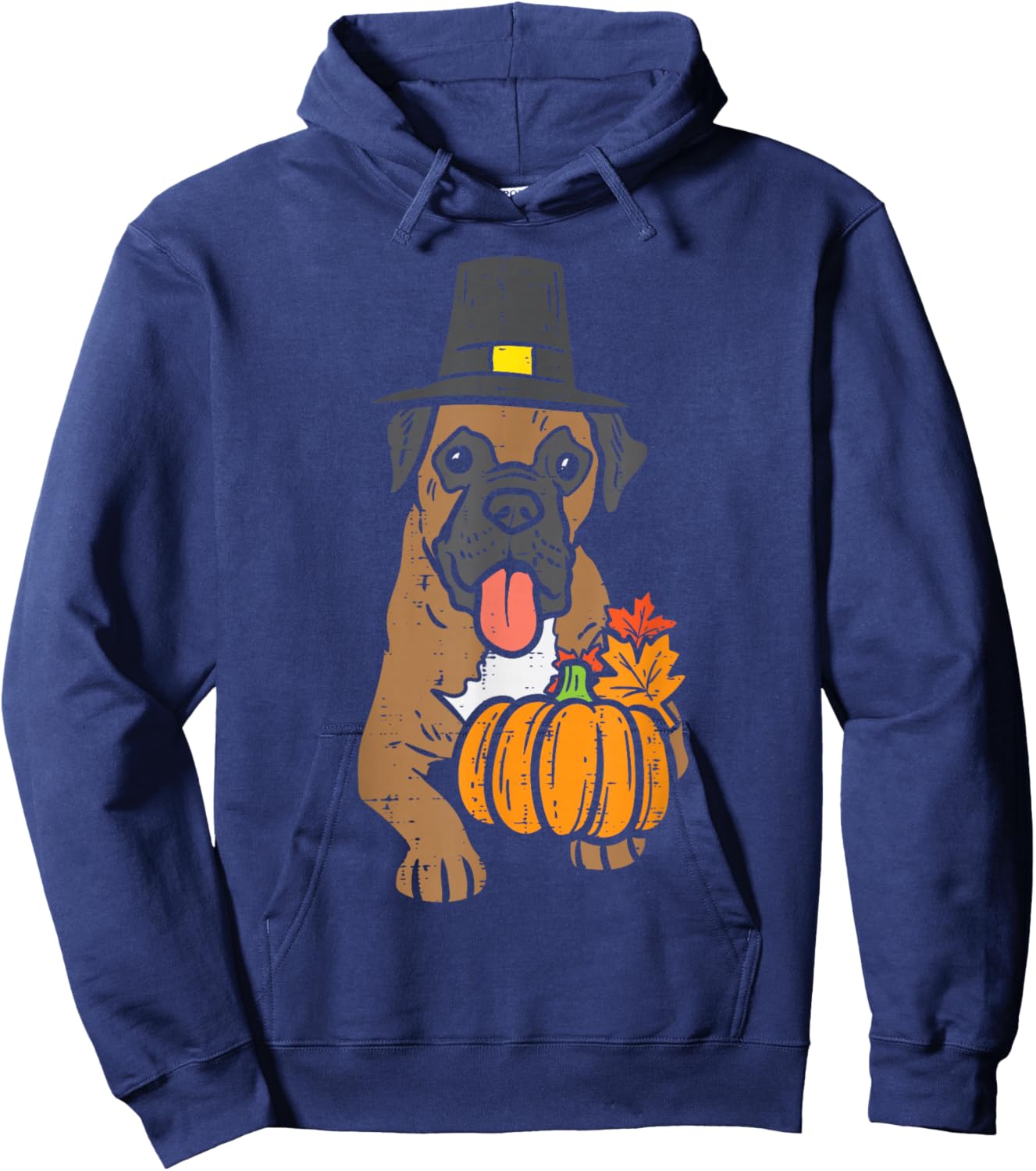 Pilgrim Boxer Pumpkin Leaves Thanksgiving Fall Halloween Dog Hoodie - Hoodie | Navy
