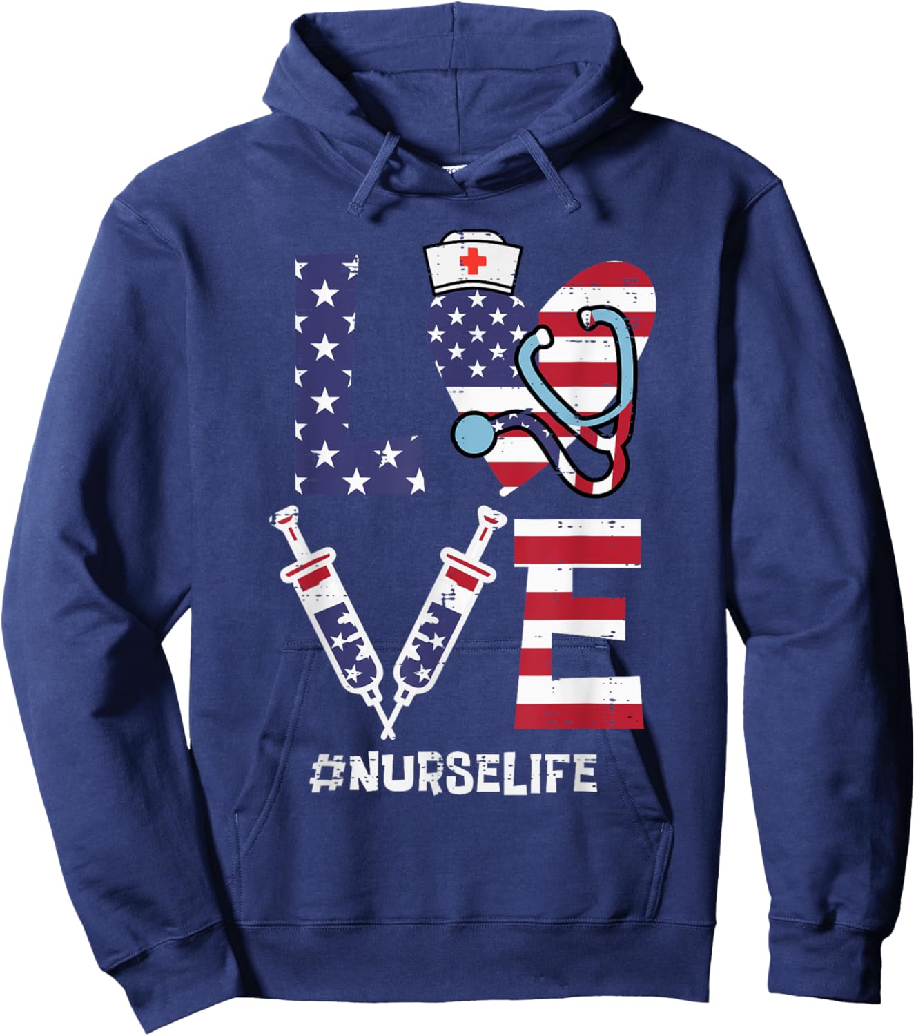 Love Stethoscope Nurse Fourth 4th Of July Nursing Patriot Hoodie - Hoodie | Navy