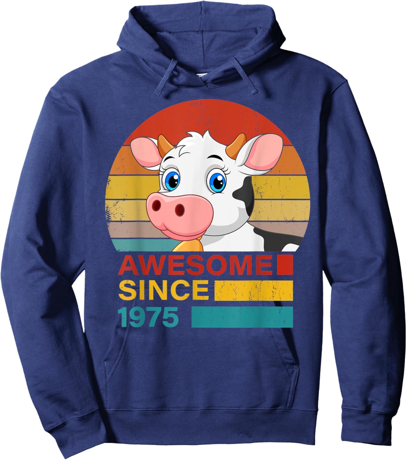 Cow 1975 Birthday Funny Vintage Cow Retro Sunset Farming Hoodie - Hoodie | Navy