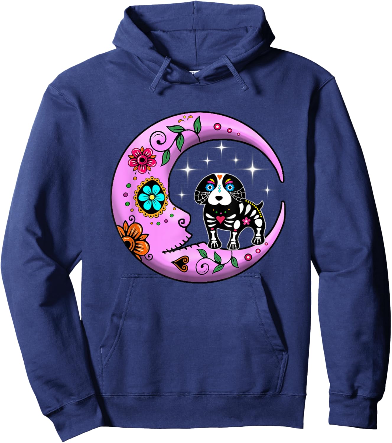 Dog & Moon Sugar Skull Dia de Los Muertos Funny Day Of Dead Hoodie - Hoodie | Navy