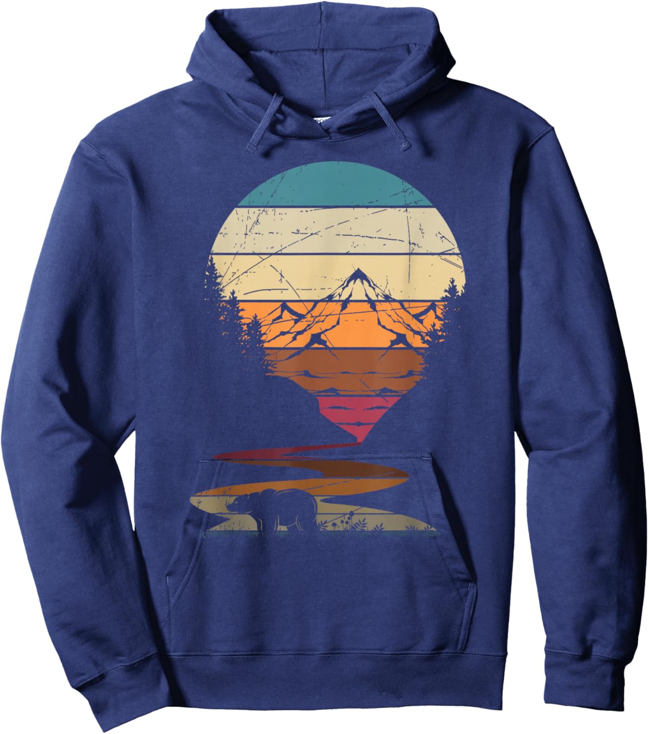 Retro Outdoor Nature Trees Bear Mountains Forest Hiking Hoodie - Hoodie | Navy