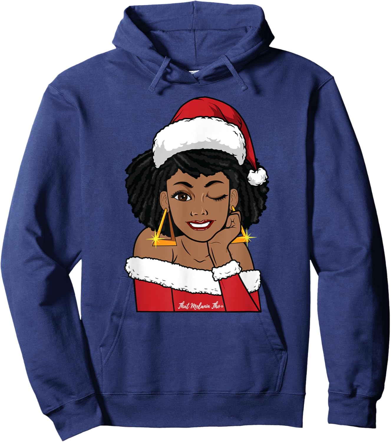 Black Mrs. Claus w/Afro Winking African American Christmas Hoodie - Hoodie | Navy
