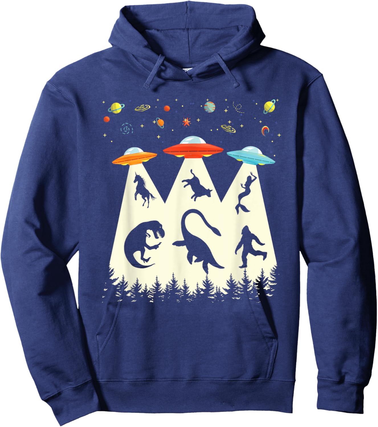 Vintage Alien Abduction T-Rex Loch Ness Bigfoot Funny UFO Hoodie - Hoodie | Navy