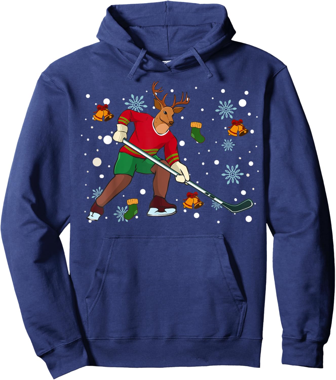 Reindeer Playing Hockey Merry Christmas Kids Youth Hockey Hoodie - Hoodie | Navy