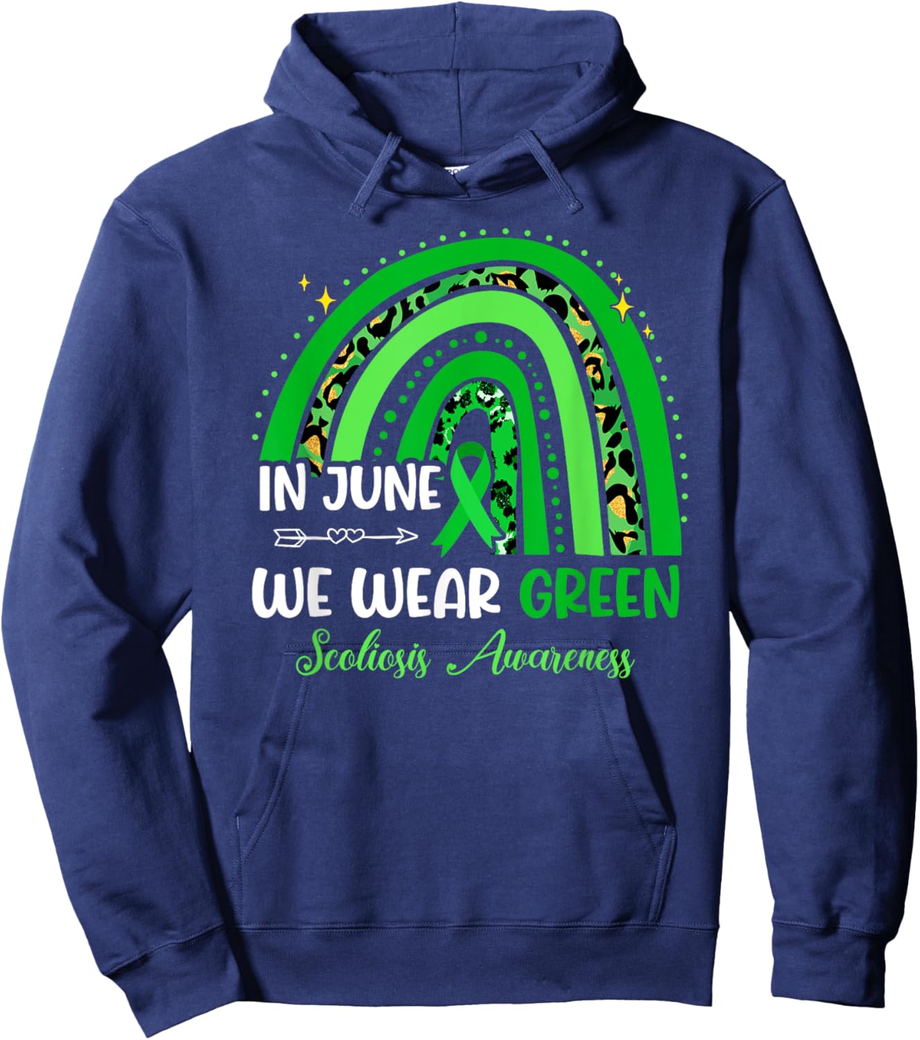 In June We Wear Green Ribbon For Scoliosis Awareness Rainbow Hoodie - Hoodie | Navy