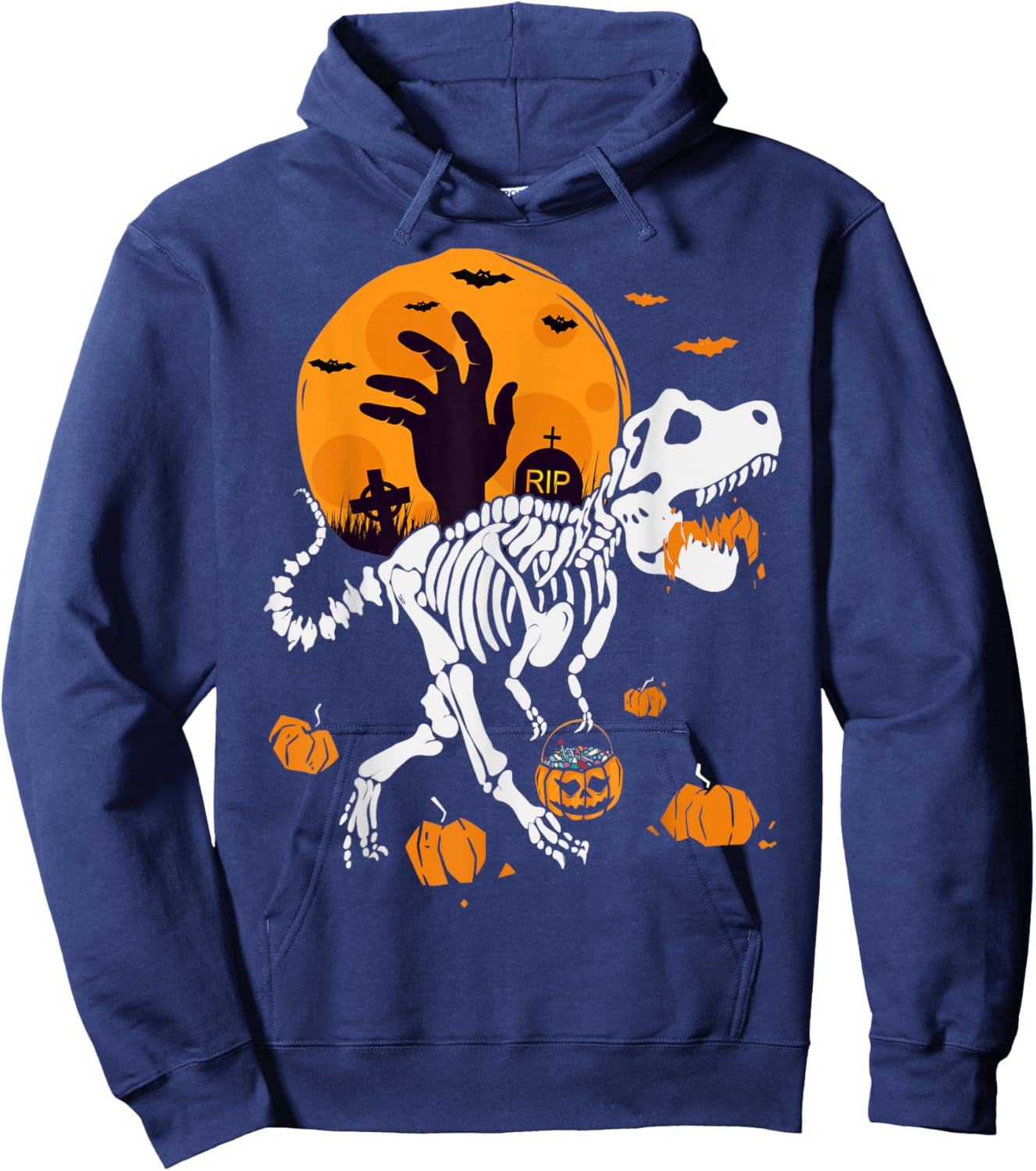 Pumpkin Trex with Moon Halloween Dinosaur Skeleton Hoodie - Hoodie | Navy