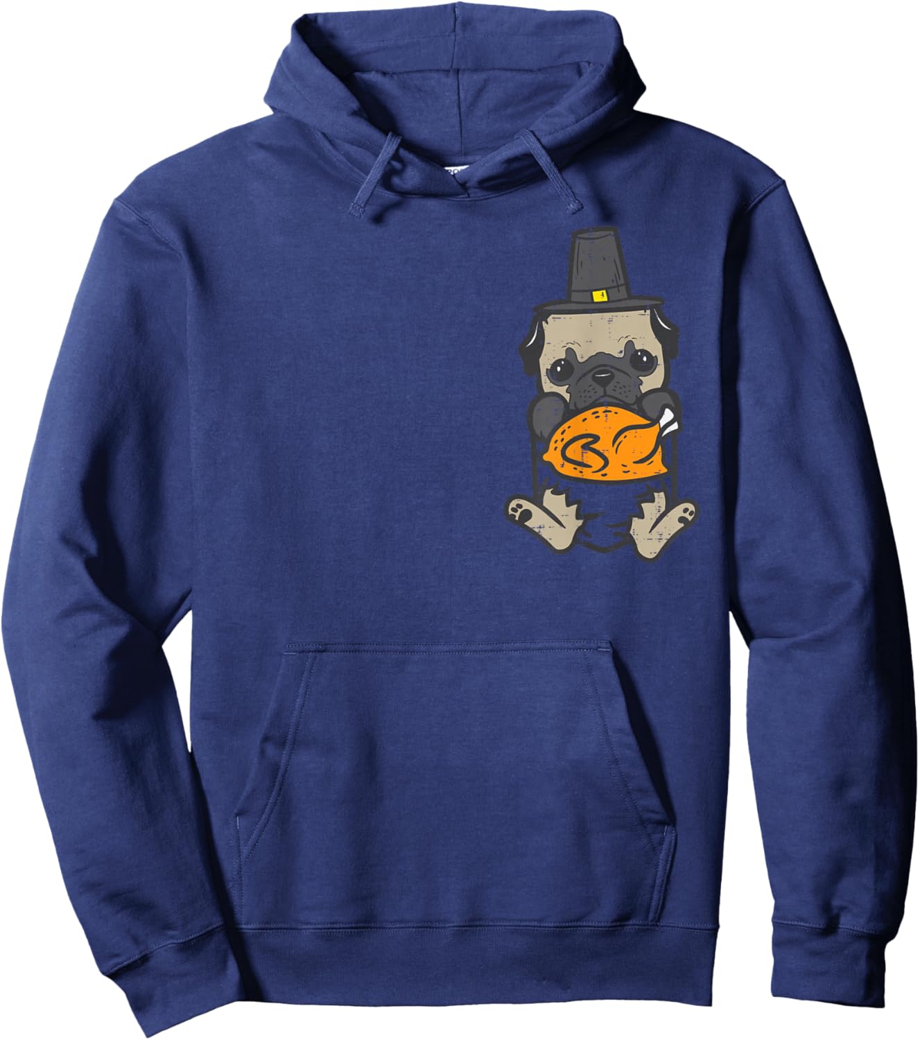 Pocket Pilgrim Pug Turkey Thanksgiving Dog Men Women Kids Hoodie - Hoodie | Navy