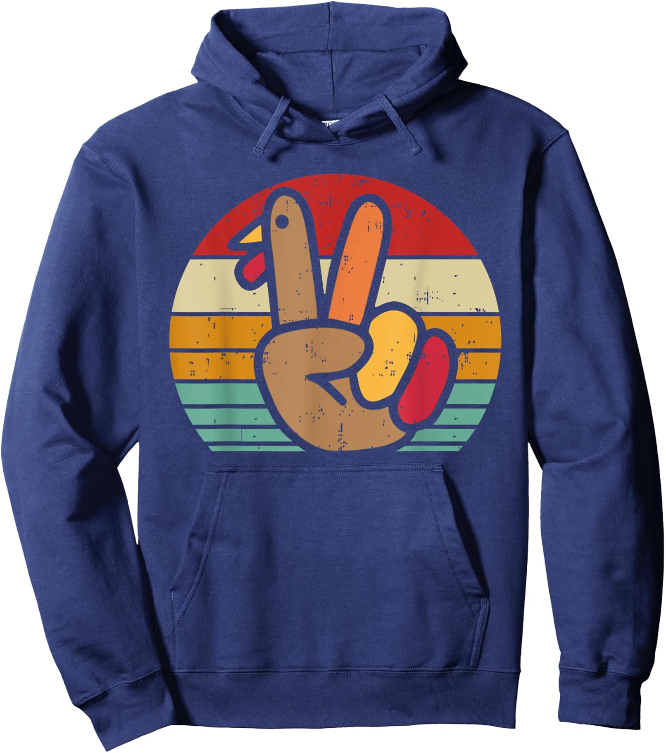 Peace Sign Turkey Hand Thanksgiving Retro Vintage Men Women Hoodie - Hoodie | Navy