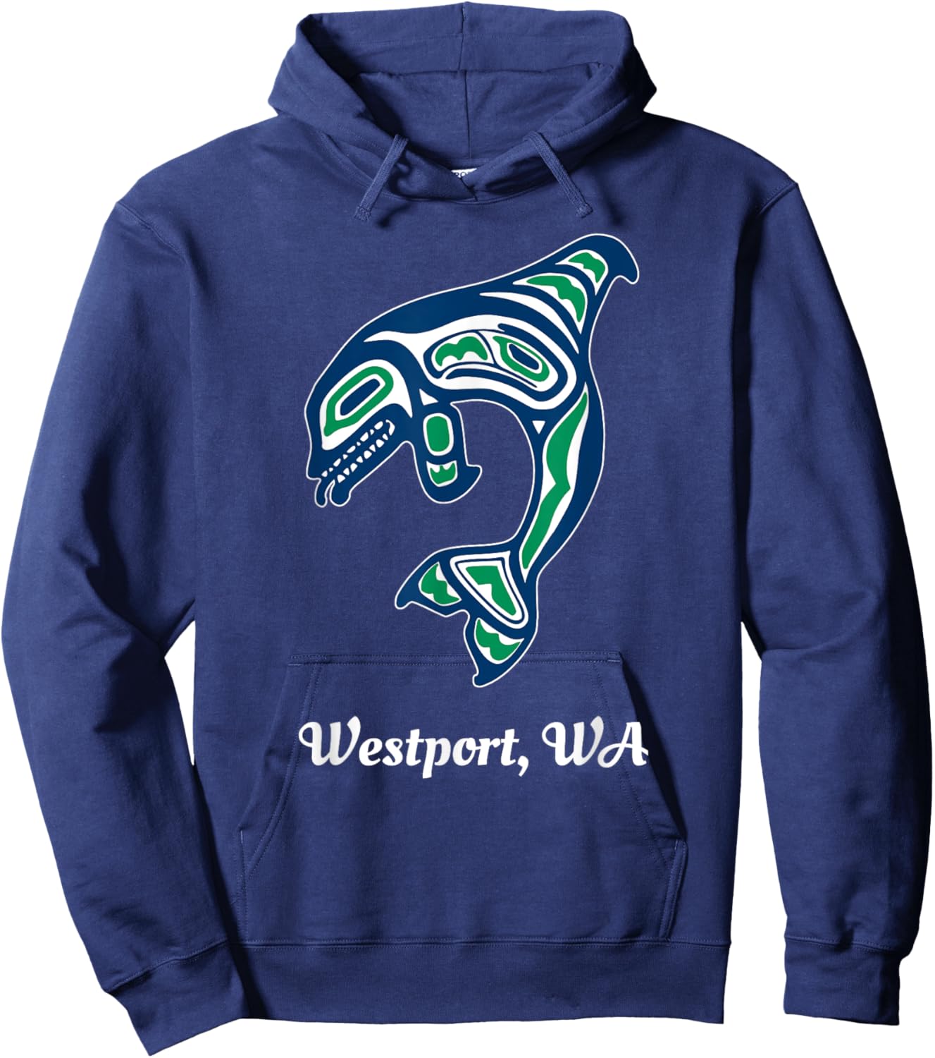 Blue Green Native American Westport WA Orca Killer Whale Hoodie - Hoodie | Navy