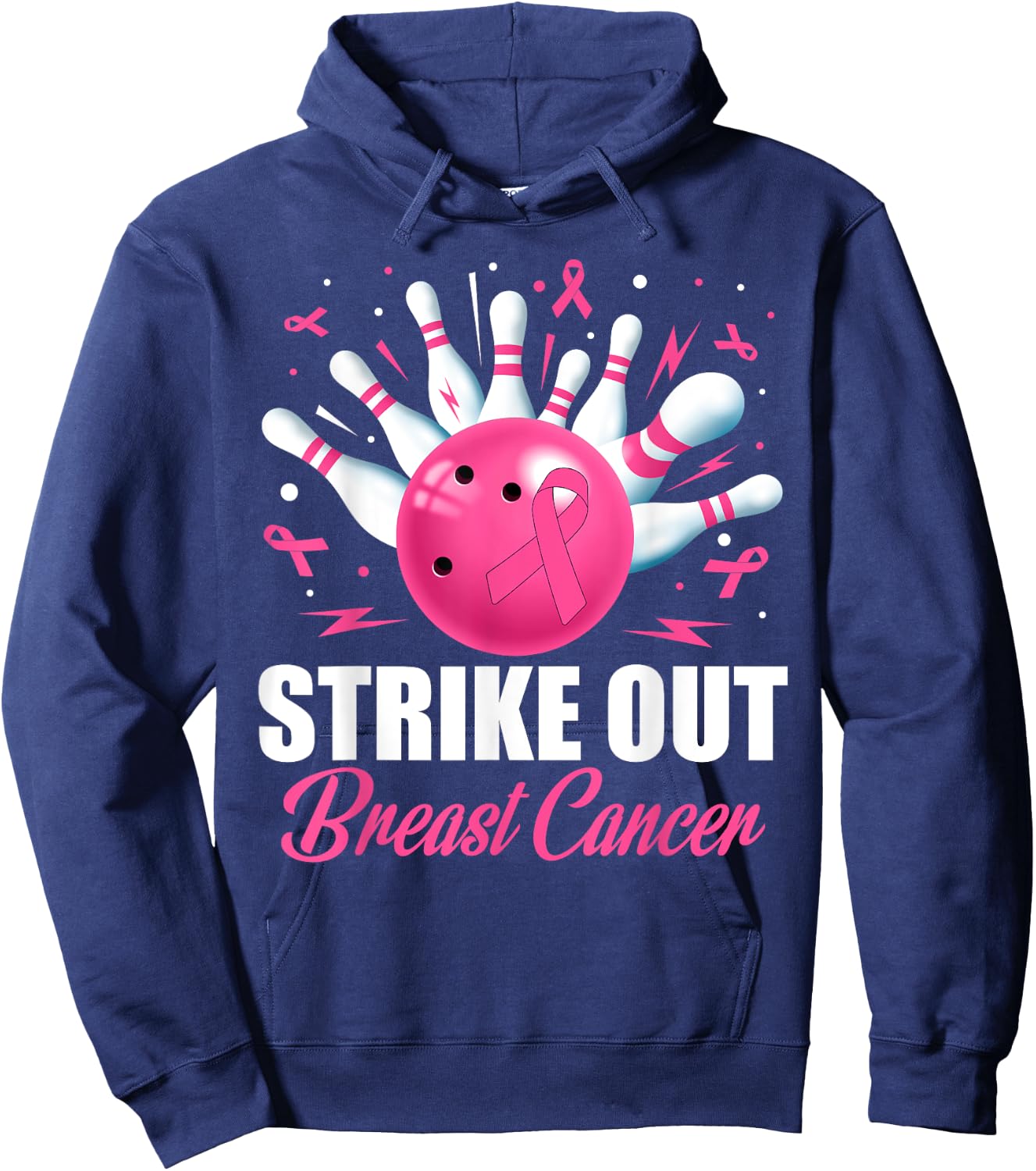 Strike Out Bowling Ball Pins Breast Cancer Pink Ribbon Women Hoodie - Hoodie | Navy