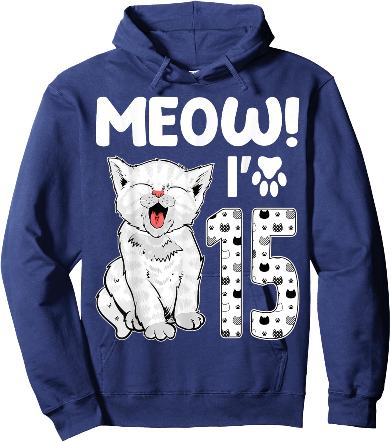 Meow I'm 15 Years Old Girl 15th Birthday Cat Cute Cat Lover Hoodie - Hoodie | Navy
