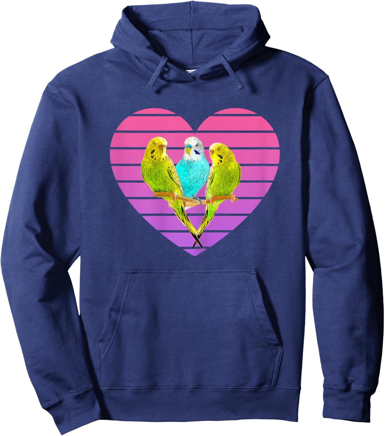 Three Parakeets Inside a Retro Sunset Style Heart Hoodie - Hoodie | Navy