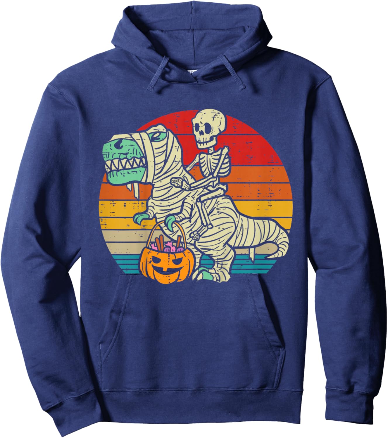 Kids Skeleton Riding Dino Mummy Retro Toddler Boys Halloween Kids Hoodie - Hoodie | Navy