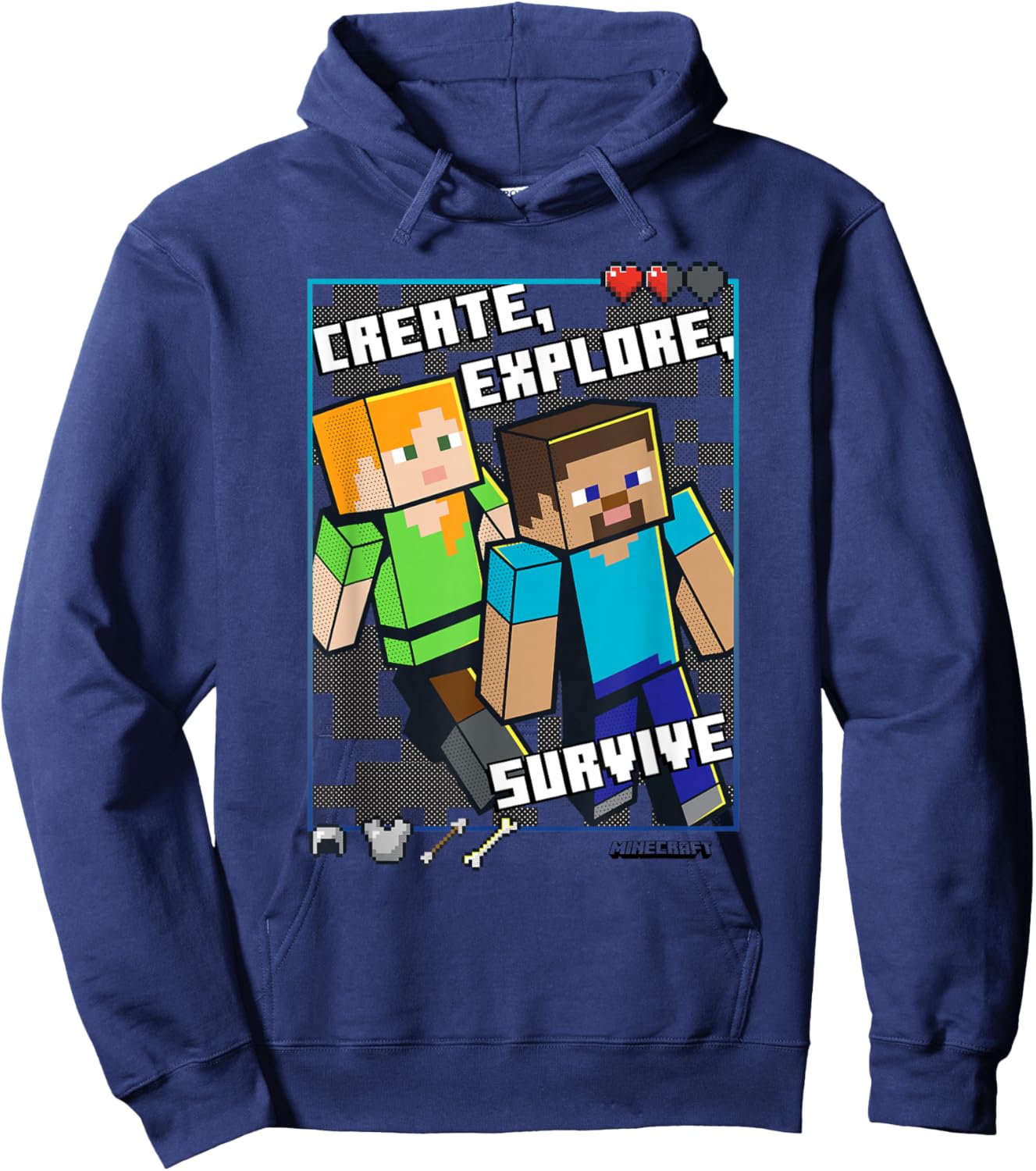 Minecraft Steve and Alex Create Explore Survive Box Up Hoodie - Hoodie | Navy