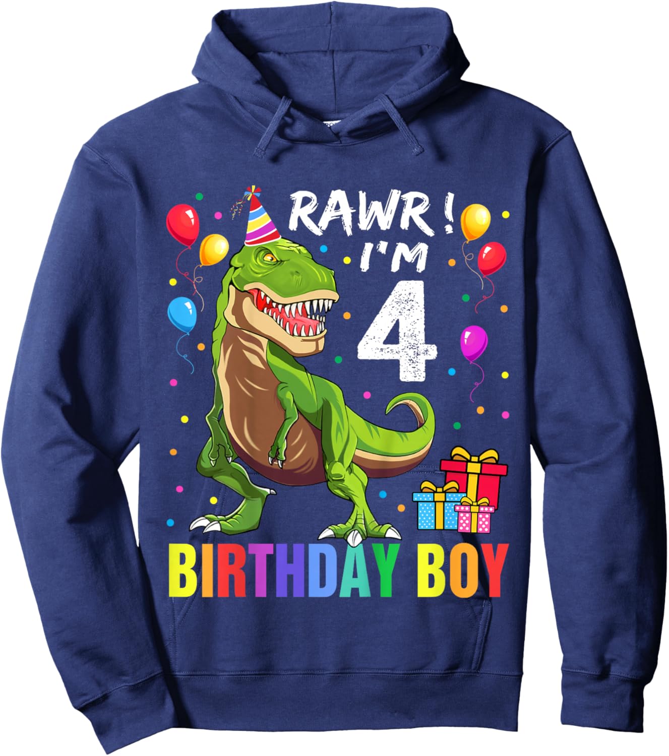 Kids 4 Year Old 4th Birthday Boy T Rex Dinosaur Hoodie - Hoodie | Navy