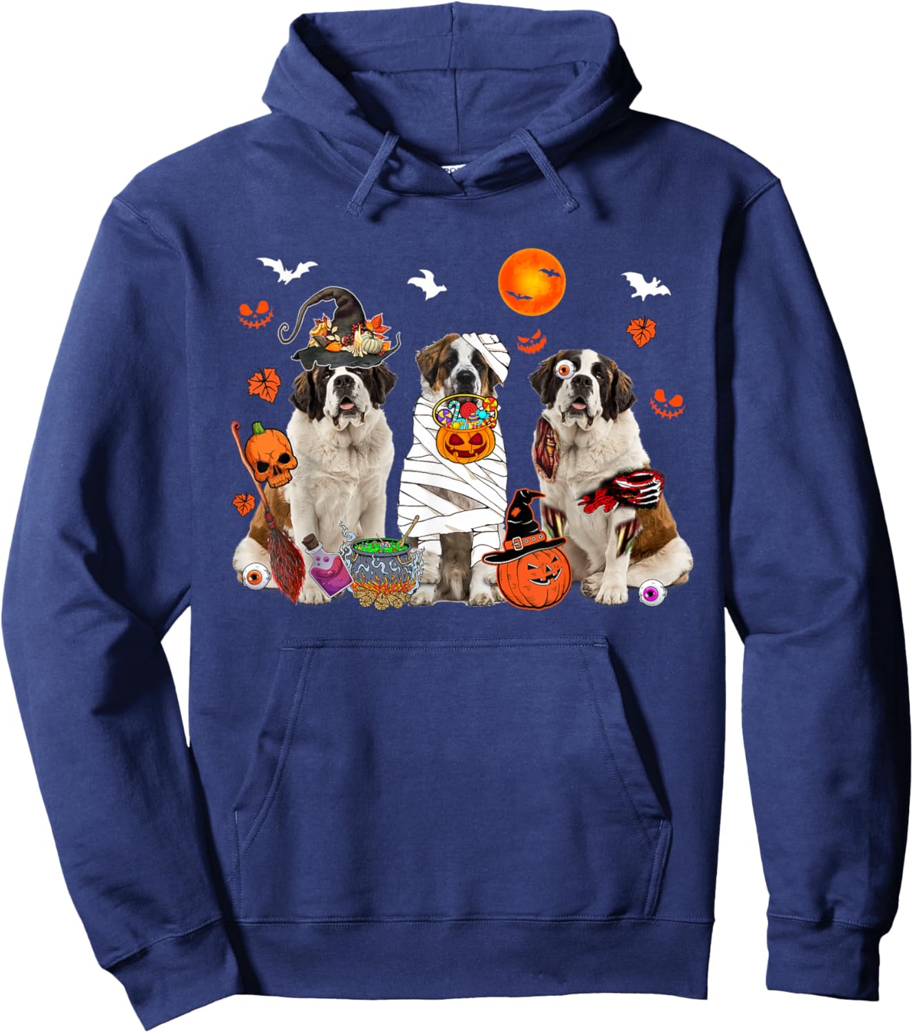 Three St. Bernard Dogs Witch Scary Mummy Halloween Zombie Hoodie - Hoodie | Navy