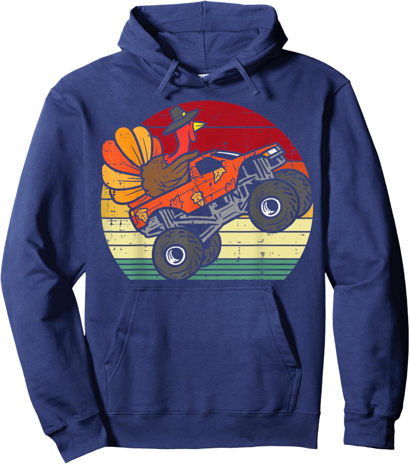 Monster Truck Turkey Sunset Retro Thanksgiving Boys Kids Hoodie - Hoodie | Navy