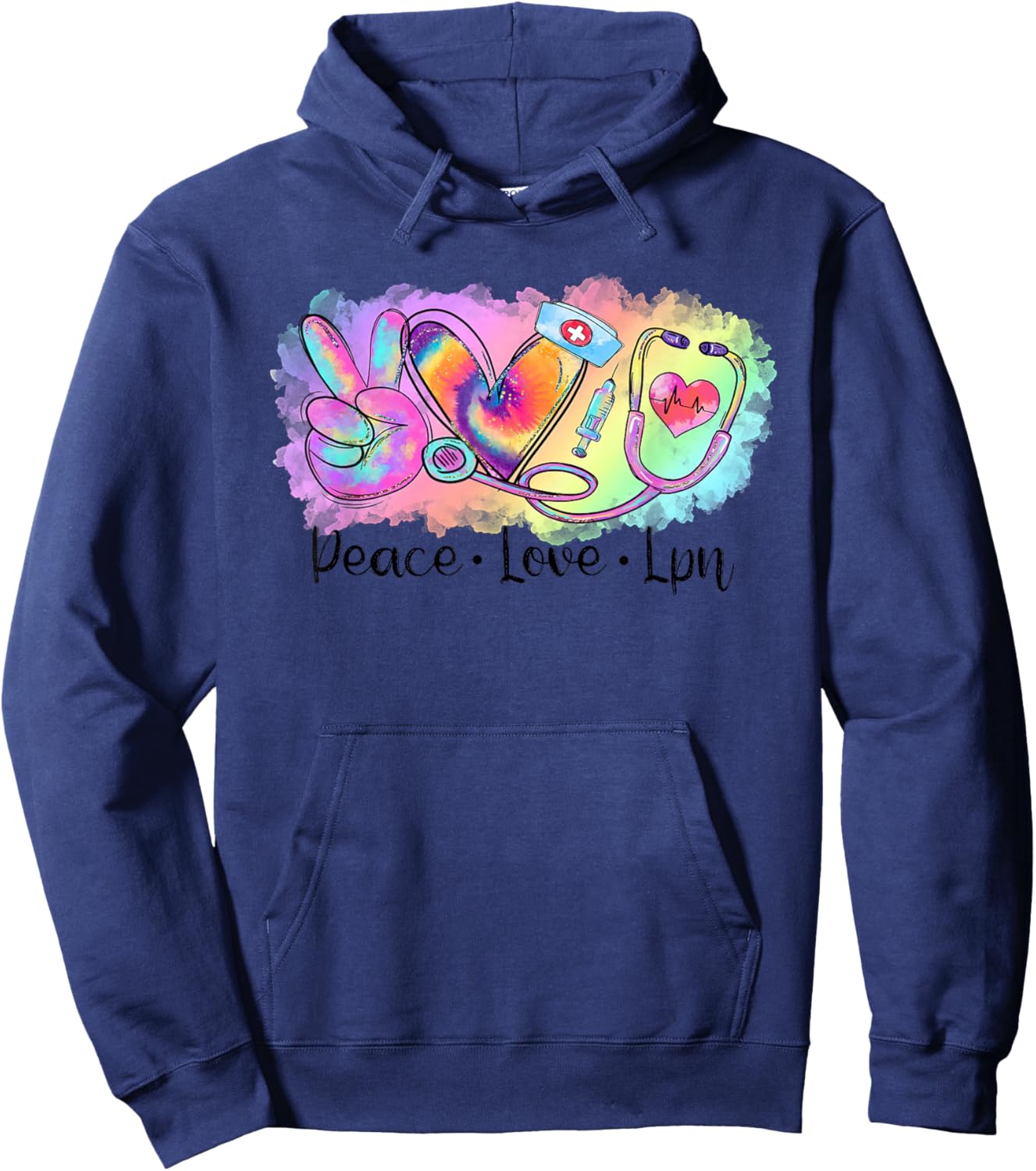 Tie Dye Peace Love LPN Stethoscope School Nurse Squad Hoodie - Hoodie | Navy