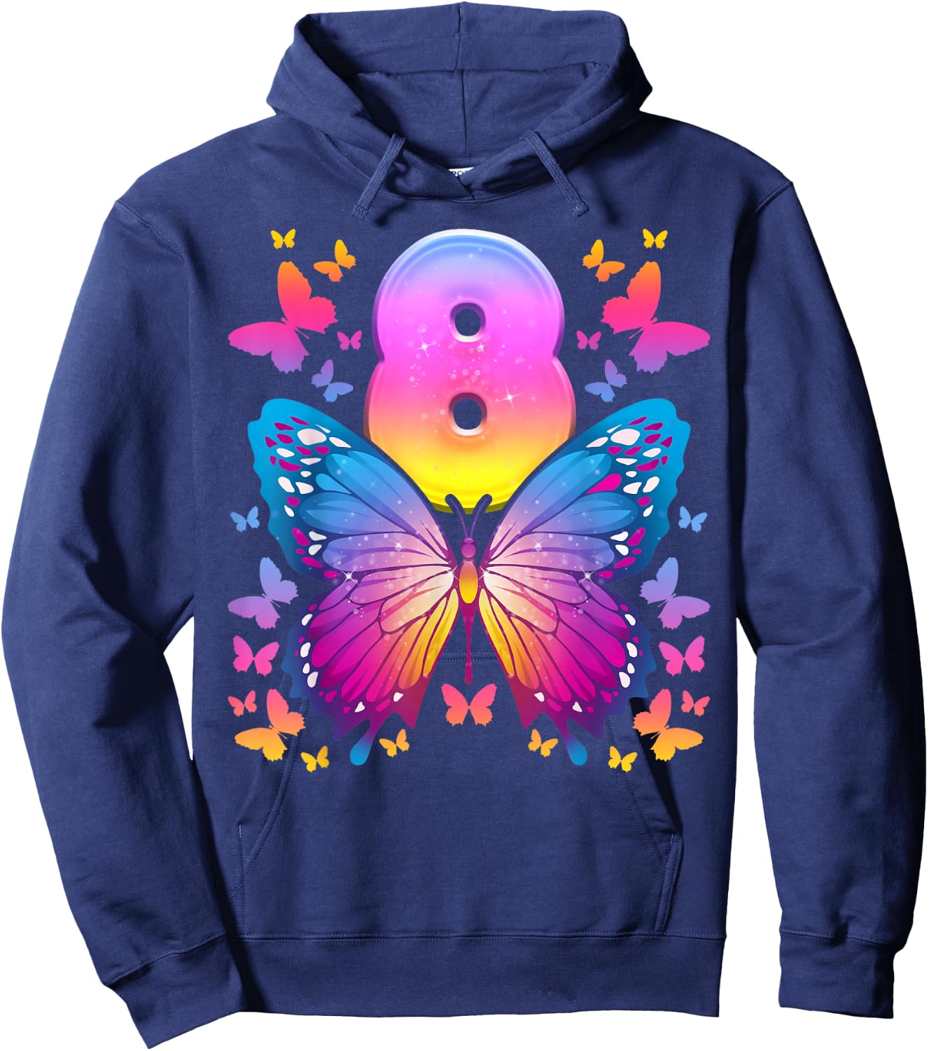 8th Birthday Girl 8 Years Butterfly Number 8 Hoodie - Hoodie | Navy