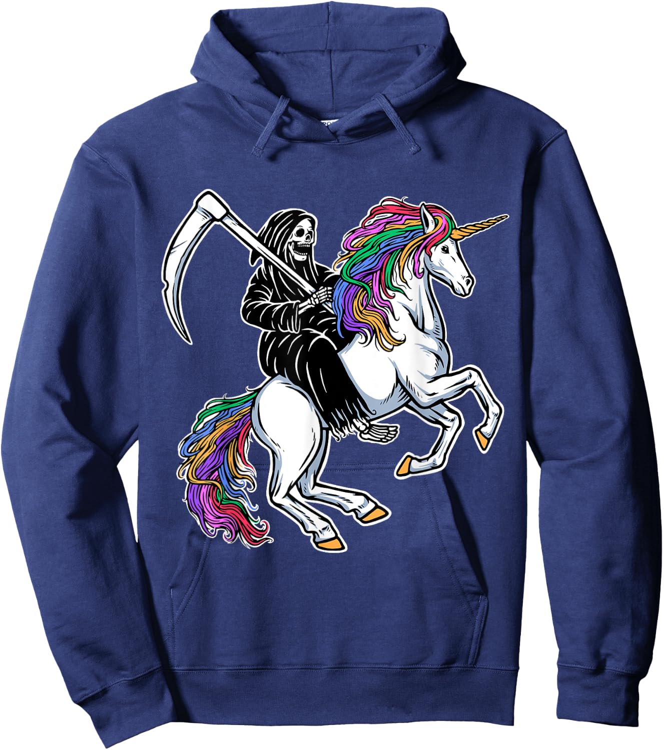Grim Reaper Riding Unicorn Rainbow Skeleton Halloween Hoodie - Hoodie | Navy