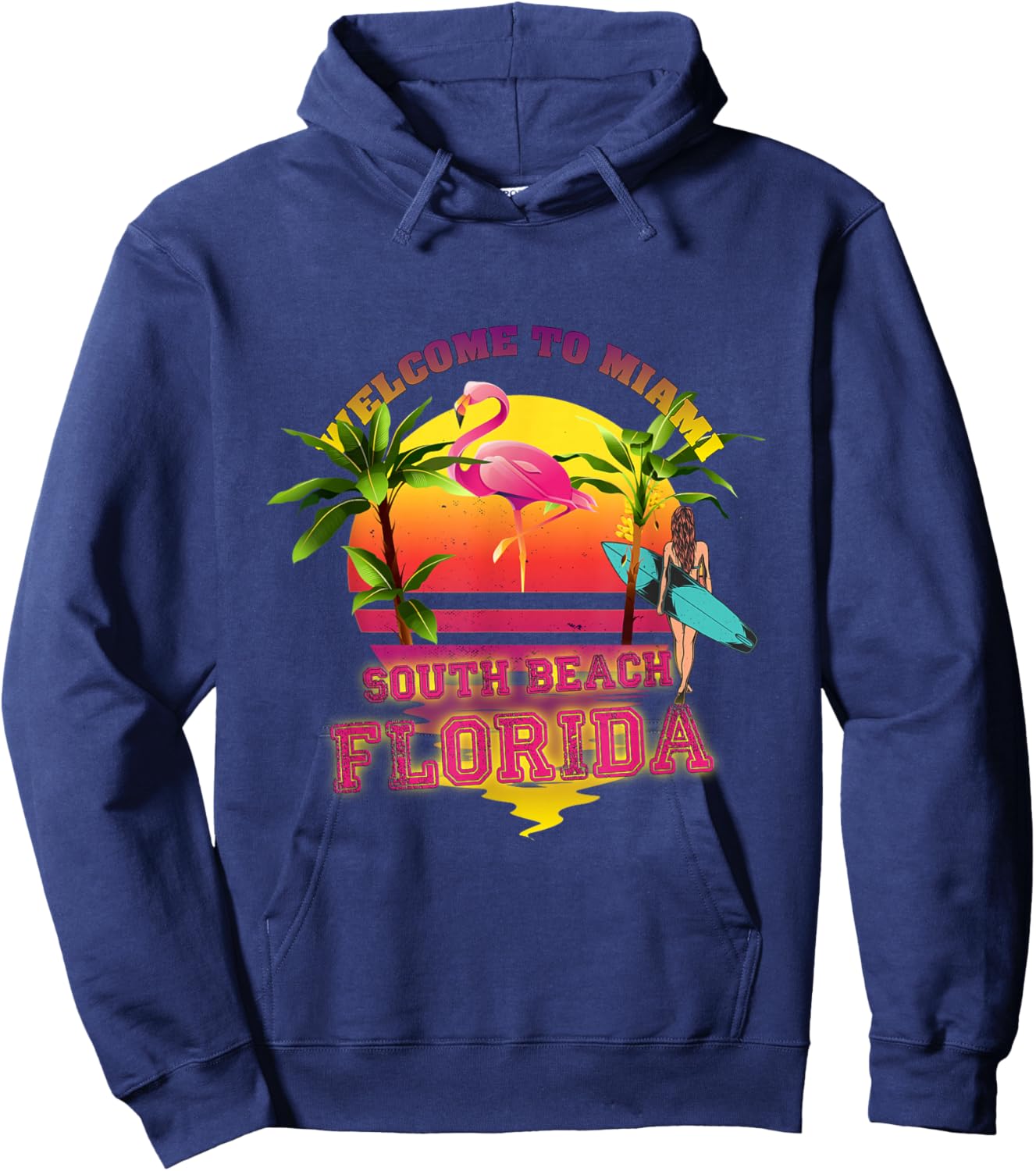 Welcome to Miami, Florida, South Beach Surfing, Flamingo Hoodie - Hoodie | Navy