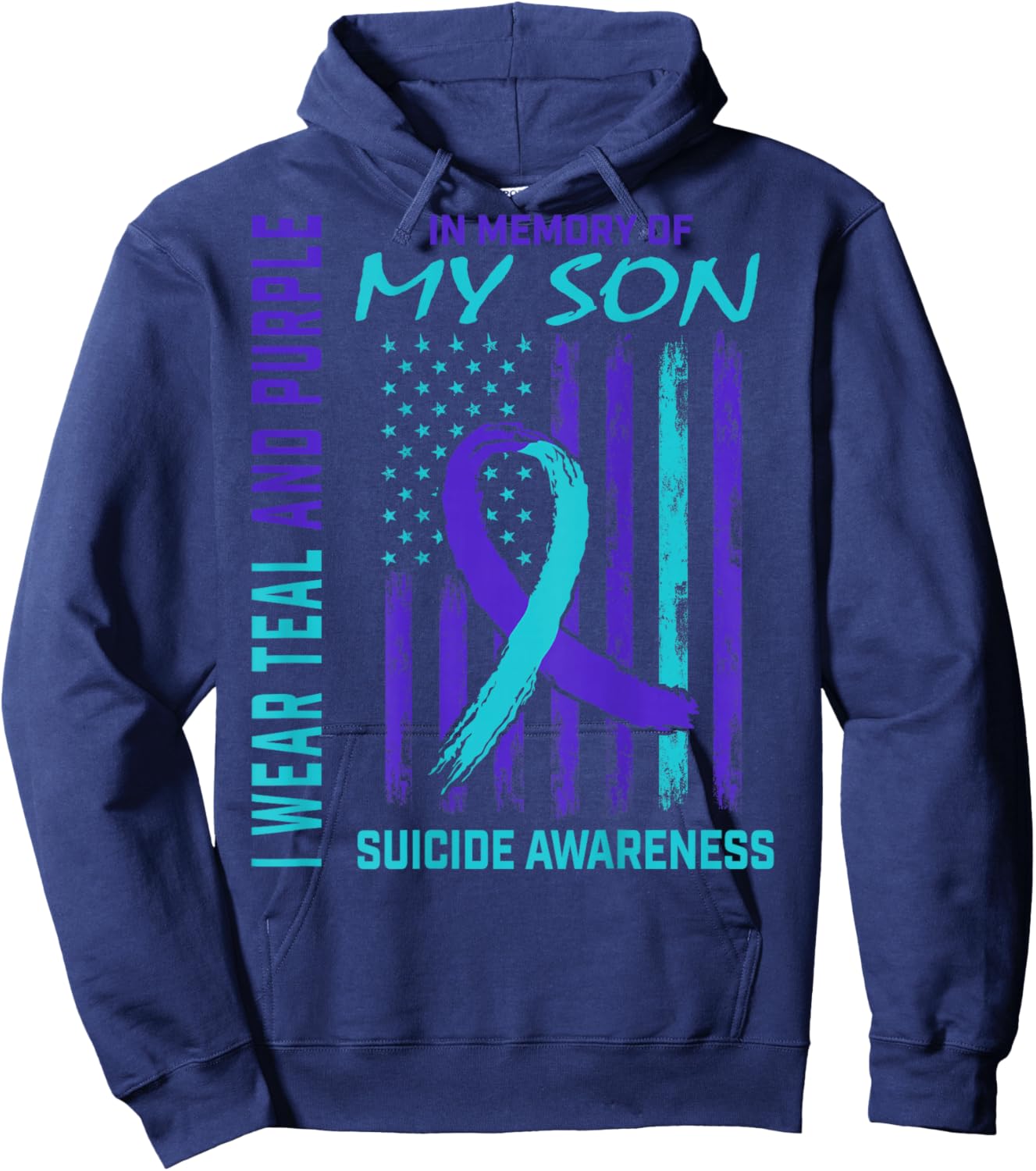 Teal Purple Ribbon Suicide Awareness USA Flag Son Back Print Hoodie - Hoodie | Navy