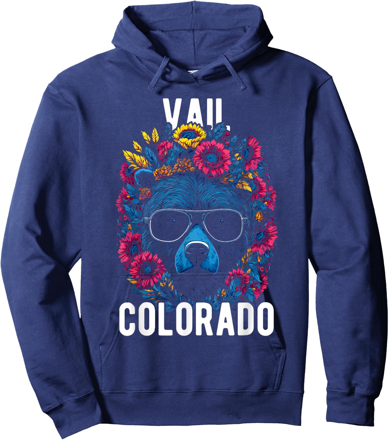 Vail Colorado Bear Wearing Sunglasses and Flowers Design Hoodie - Hoodie | Navy