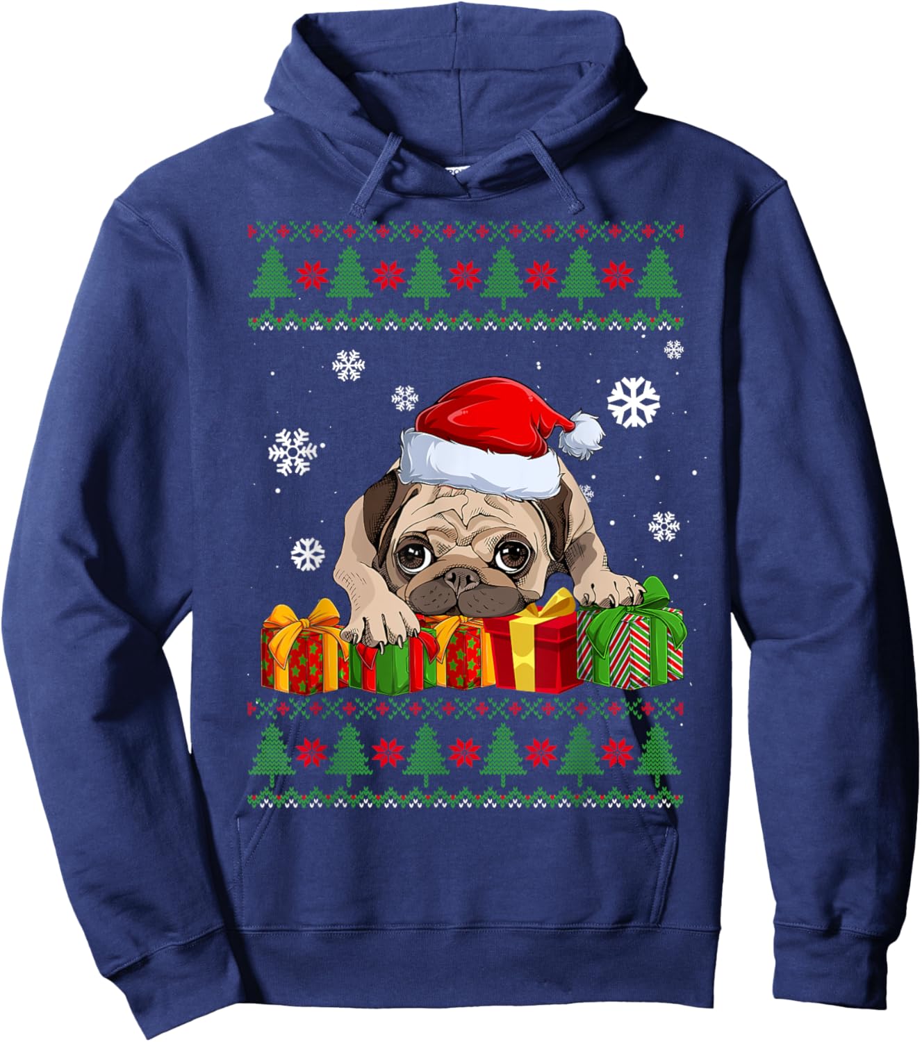 Funny Dog lovers Cute Pug Santa Hat Ugly Christmas Sweater Hoodie - Hoodie | Navy