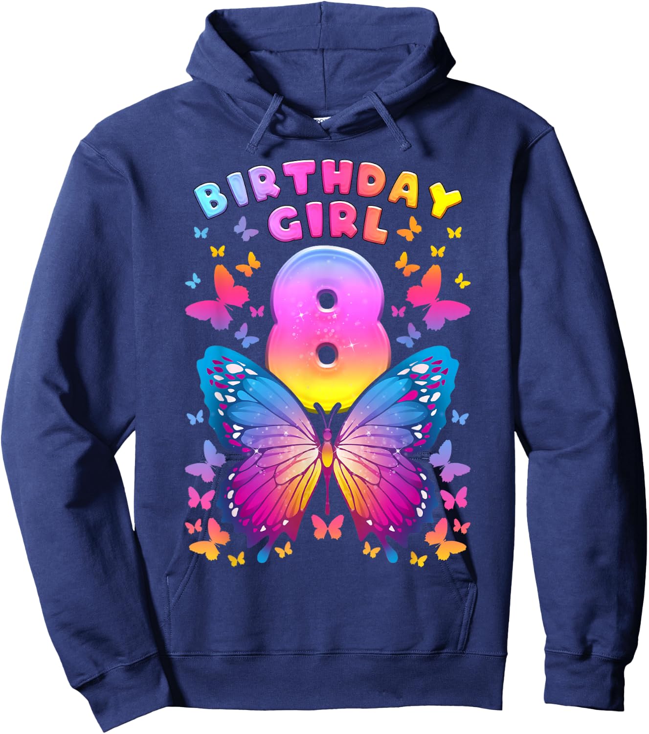 8th Birthday Girl 8 Years Butterfly Number 8 Hoodie - Hoodie | Navy