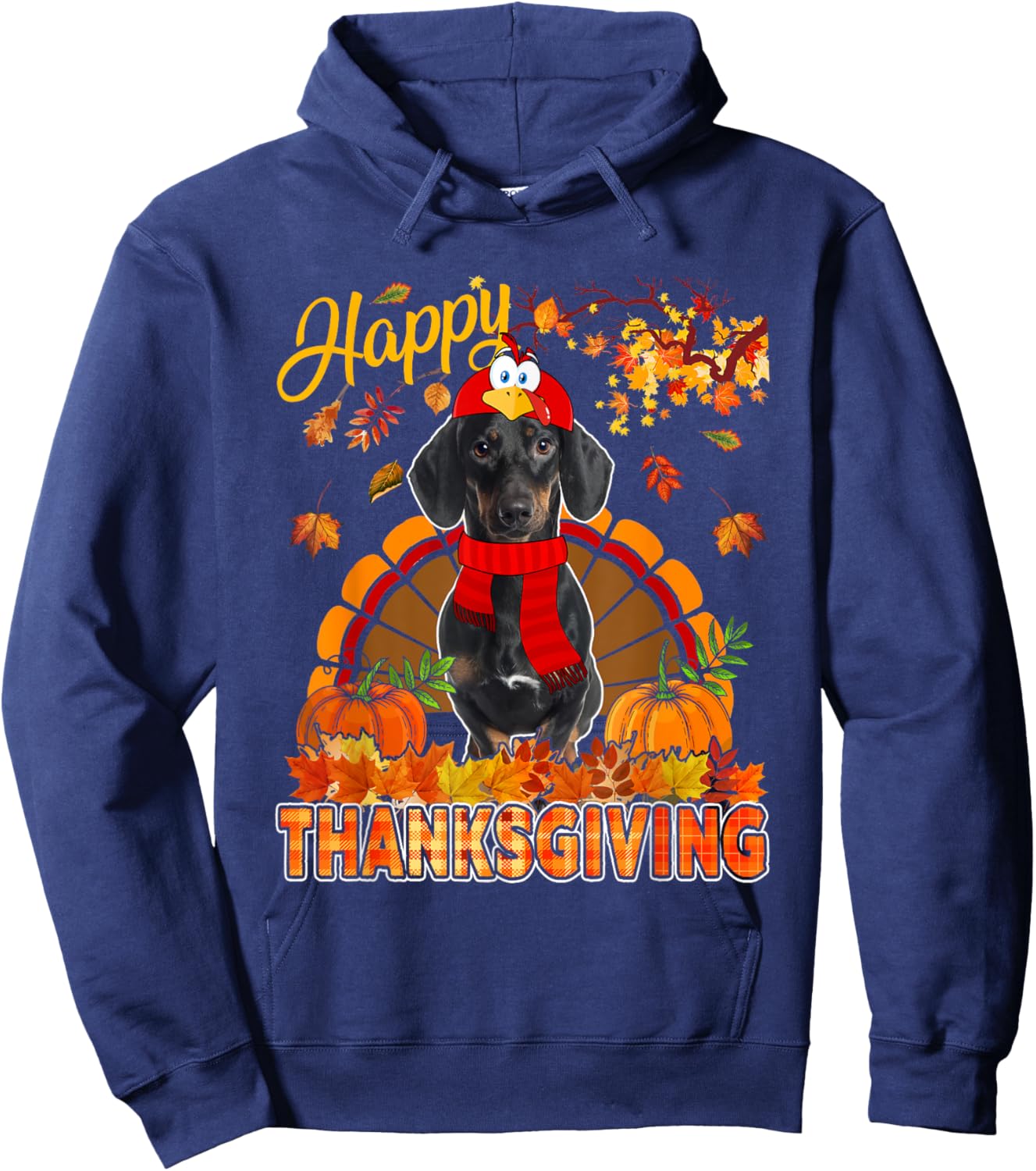 Thanksgiving Dachshund Wearing Turkey Costume Fall Leaves Hoodie - Hoodie | Navy