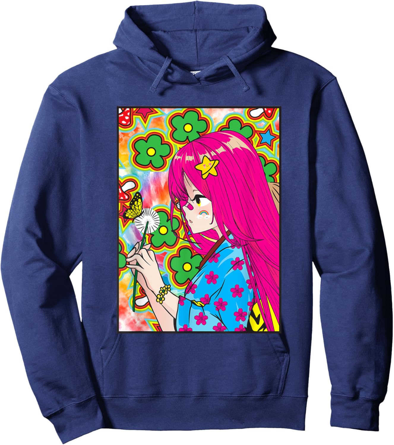 Kidcore Aesthetic Japanese Anime Girl Kawaii Flowers Old Hoodie - Hoodie | Navy