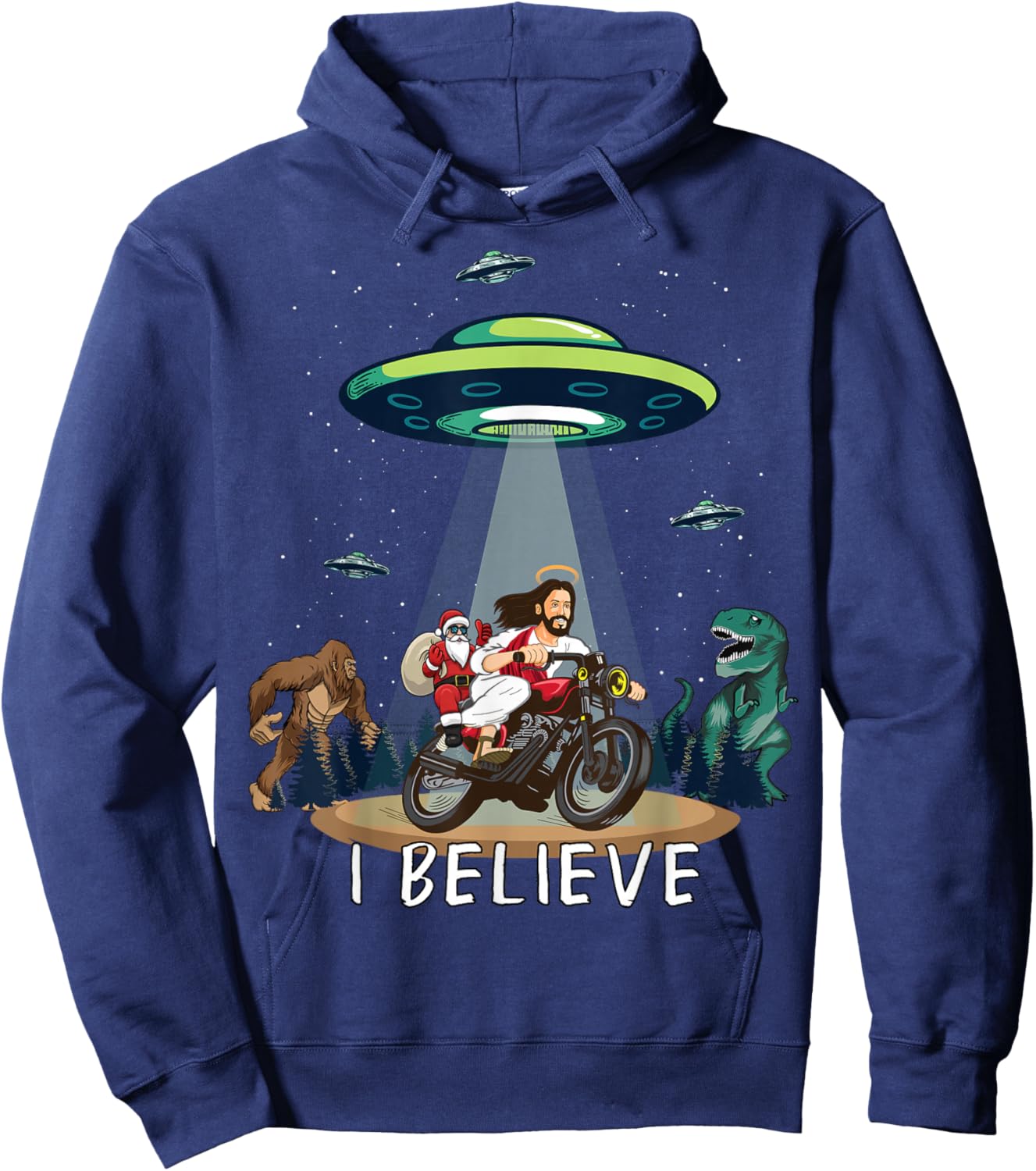 Believe Bigfoot Dinosaur Santa & Jesus Riding Bike Christmas Hoodie - Hoodie | Navy