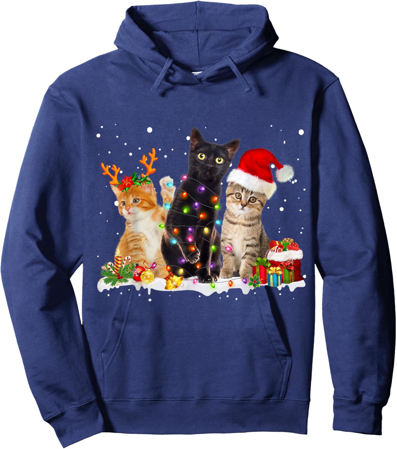 Santa Cat Light Gorgeous Reindeer Pajama Christmas Cat Lover Hoodie - Hoodie | Navy
