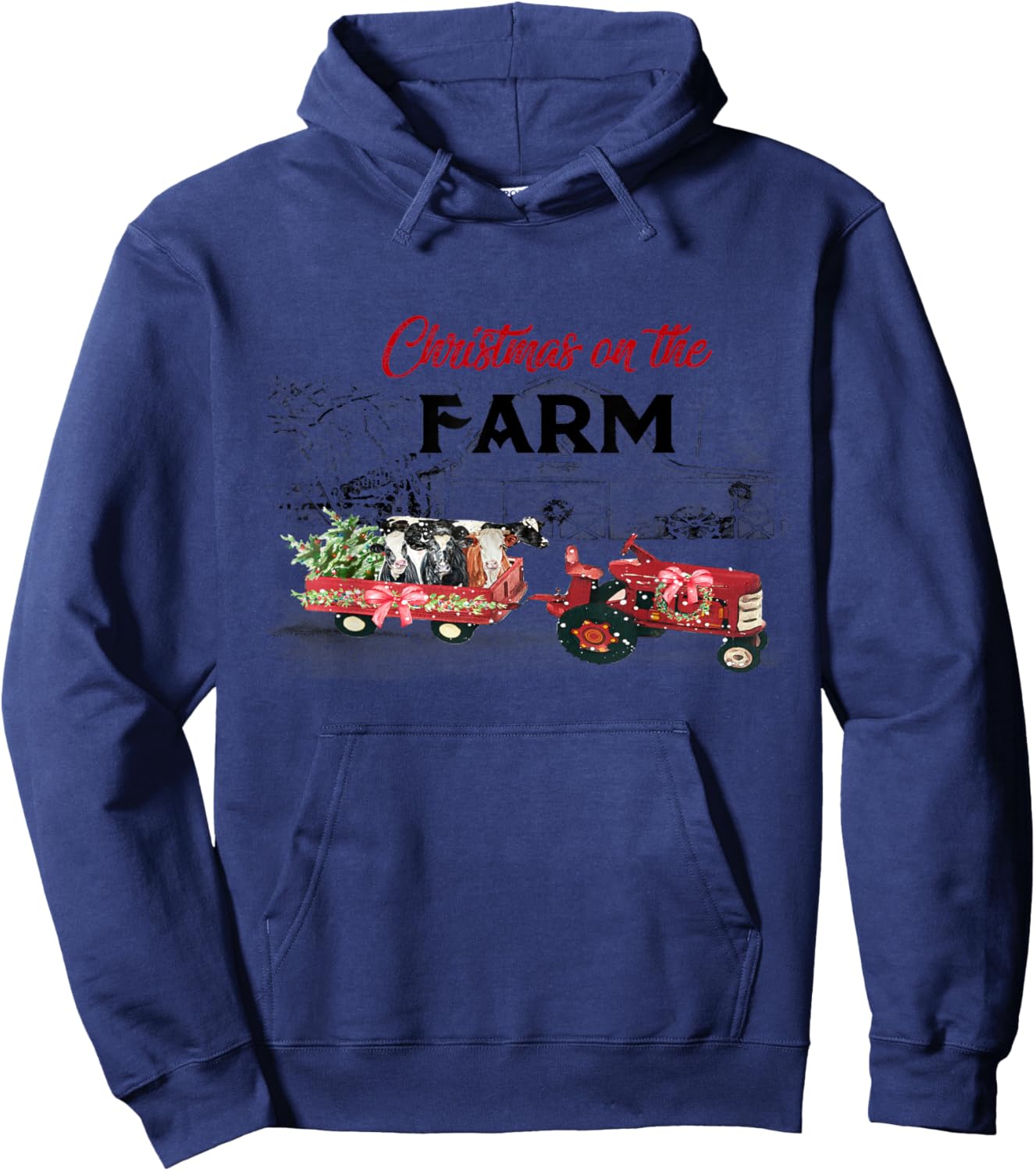 Cow Red Truck Christmas On The Farm Hoodie - Hoodie | Navy