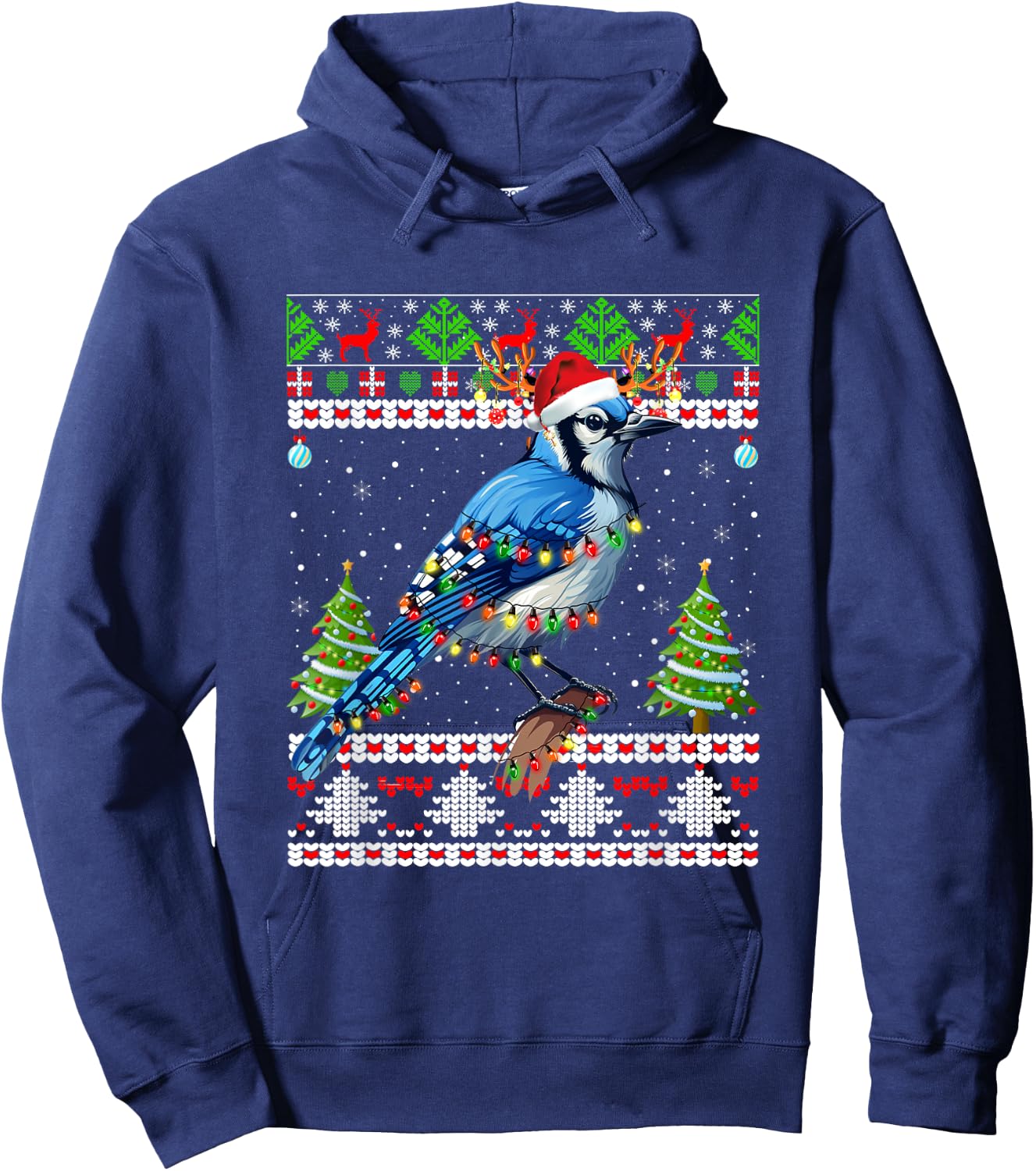 Xmas Lights Ugly Sweater Style Santa Blue Jay Bird Christmas Hoodie - Hoodie | Navy
