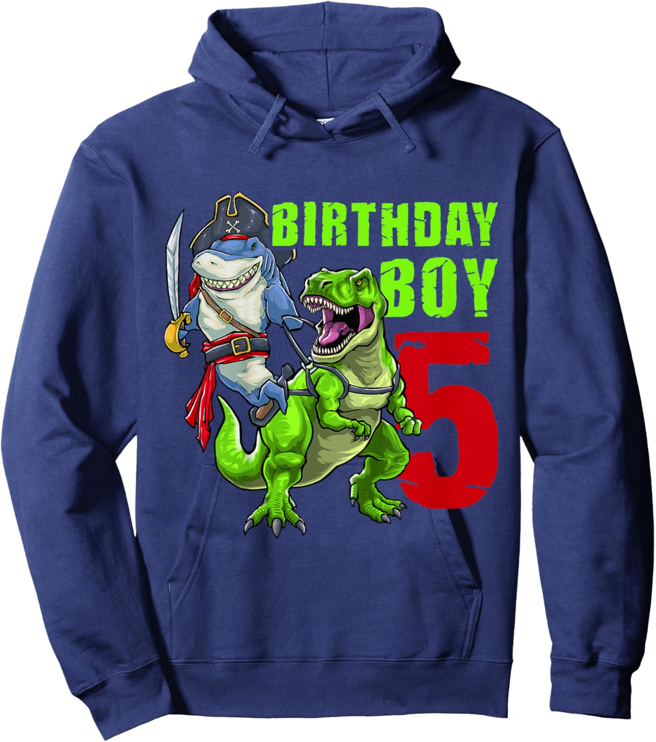 Kids 5th Birthday Boy 5 Years Old Dinosaur Pirate Shark Hoodie - Hoodie | Navy